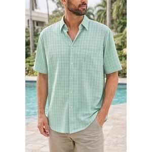 Bugatchi Uomo XL Mint Green Windowpane Shirt Short Sleeve Resort Y2K Casual